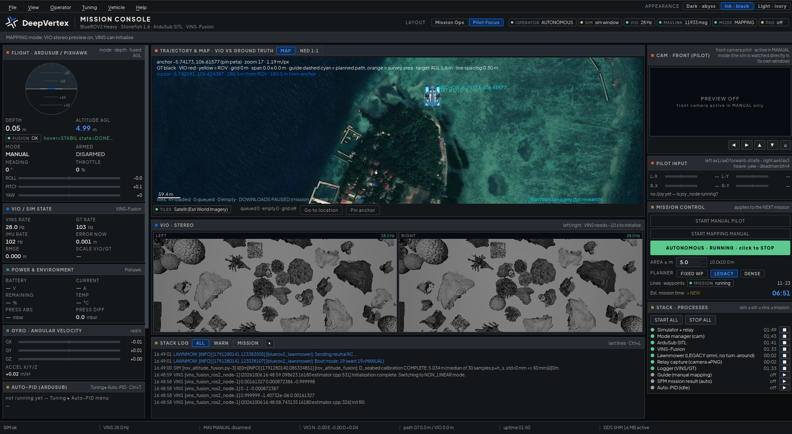DeepVertex Mission Console during an autonomous mapping run (simulation)