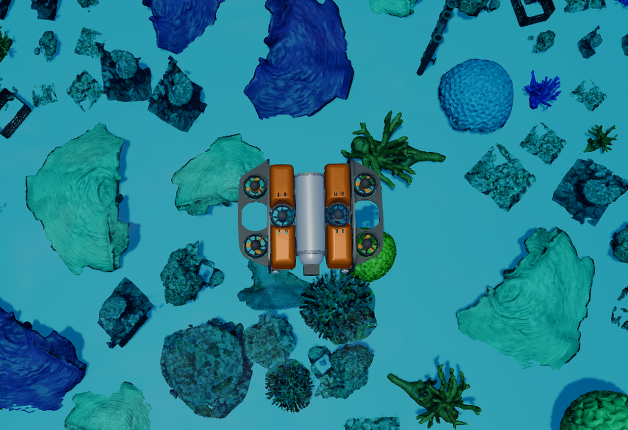 Top view of the survey area with the ROV at centre (Stonefish simulation)